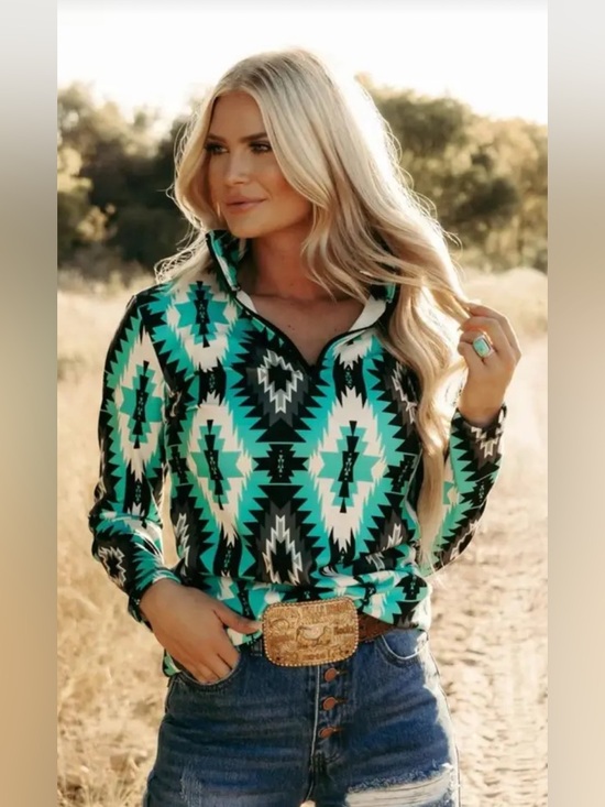 None Tops - AZTEC Print Black, Turquoise, Gray & White Quarter Zip Pullover Sweatshirt